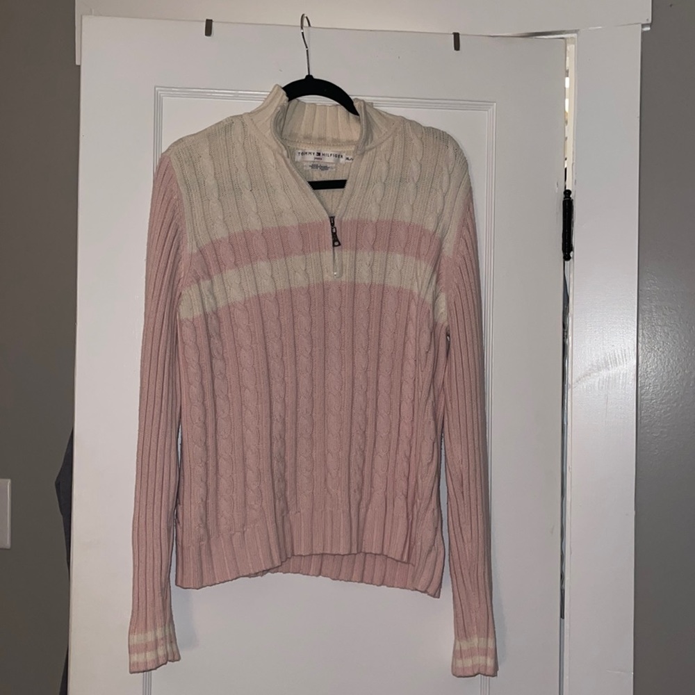 Tommy Hilfiger pink & white half zip
